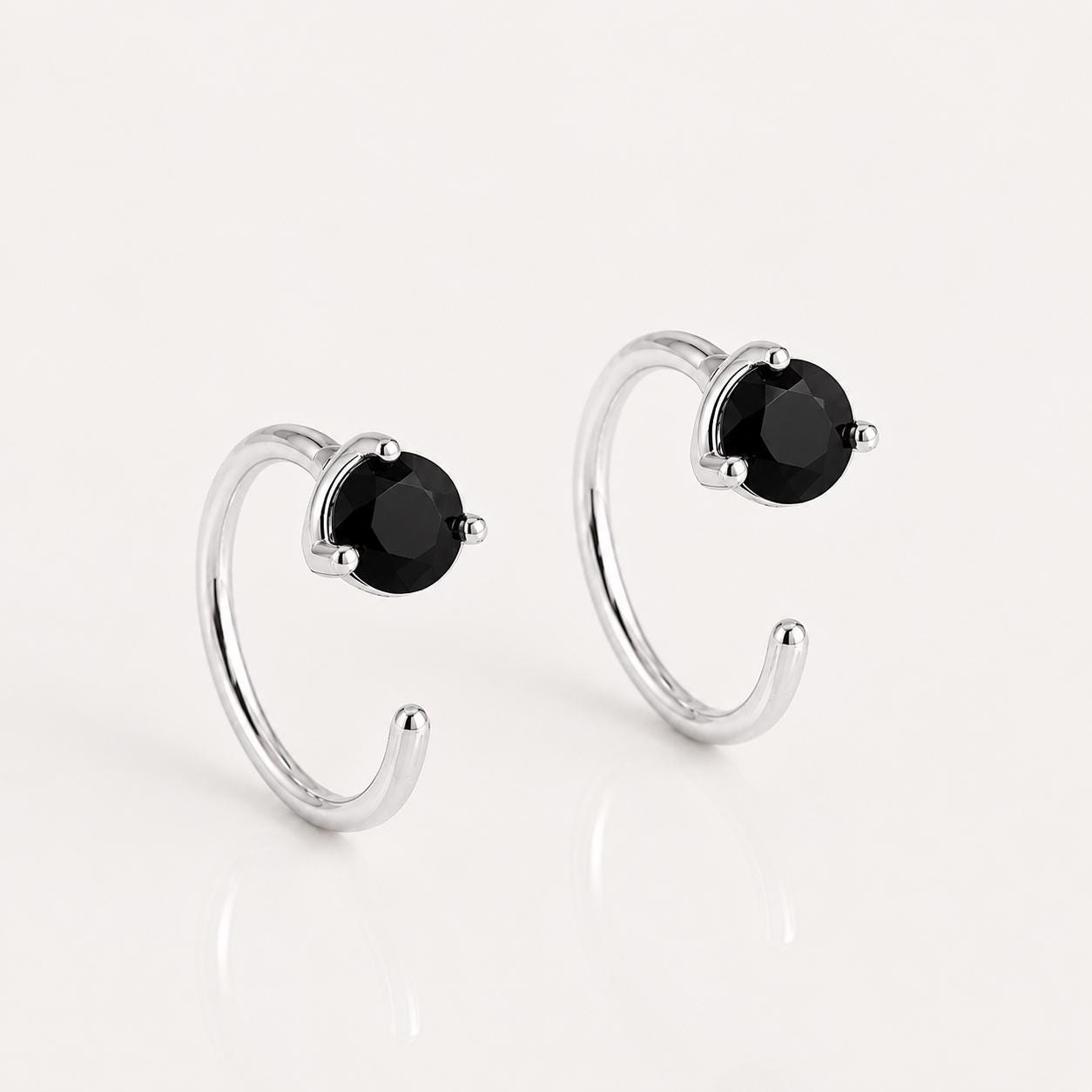 925 Sterling Silver Black Onyx Hoop Earrings, Minimalist Round Cut Jewelry