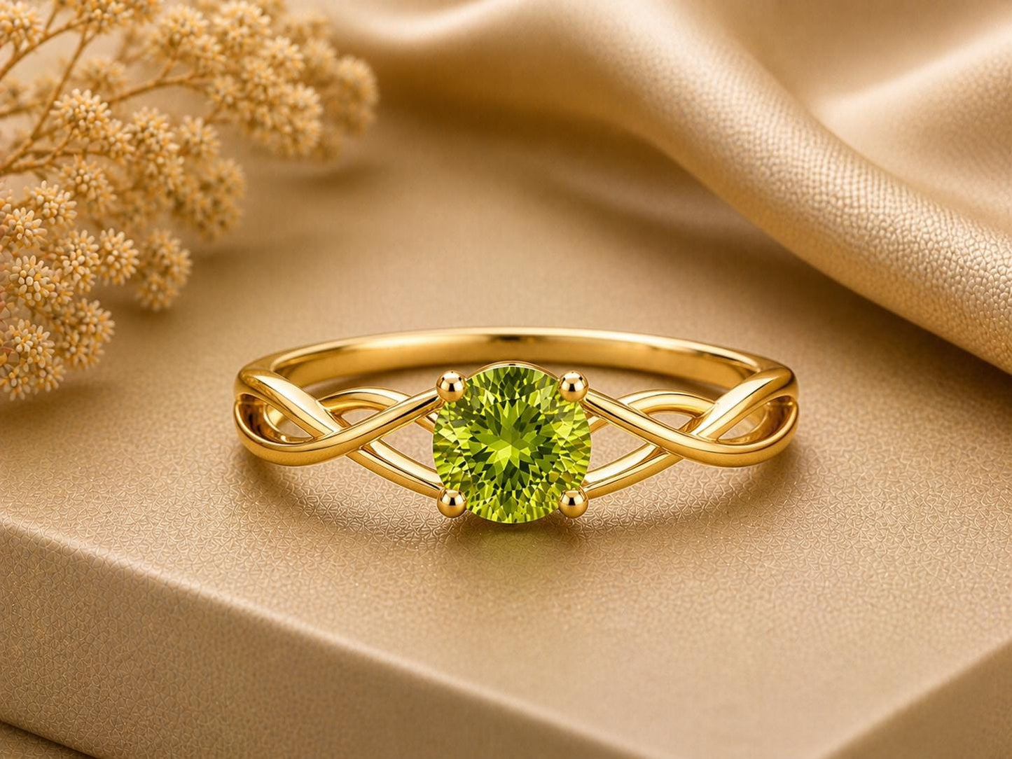 Peridot Infinity Twist Ring, Round Cut Green Stone, August Birthstone, Sterling Silver Promise Ring