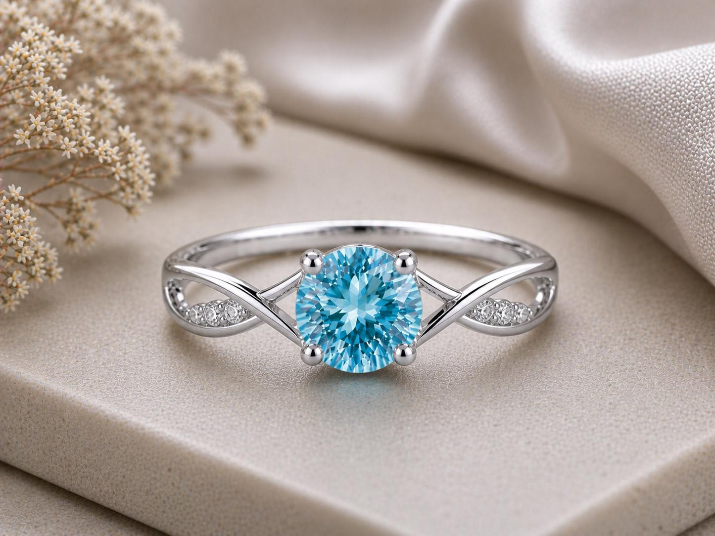 Swiss Blue Topaz Infinity Ring, Sterling Silver Solitaire with CZ Accents