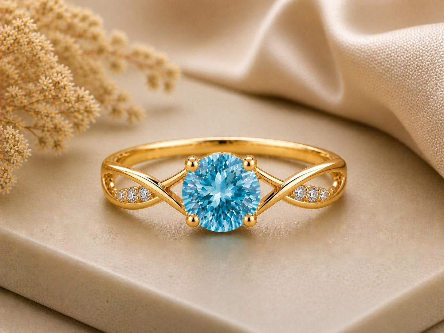 Swiss Blue Topaz Infinity Ring, Sterling Silver Solitaire with CZ Accents