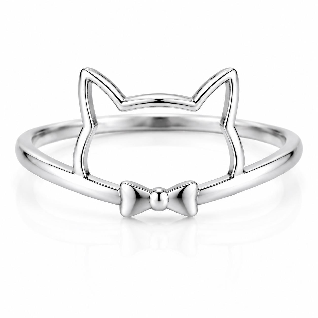 Sterling Silver Cat Face Ring with Bow, Minimalist Animal Jewelry