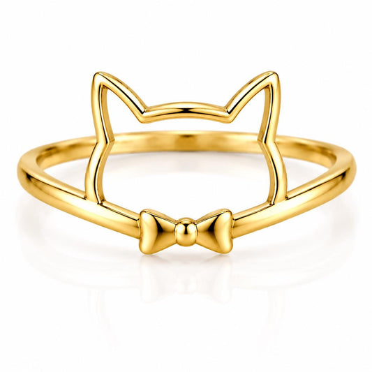Sterling Silver Cat Face Ring with Bow, Minimalist Animal Jewelry