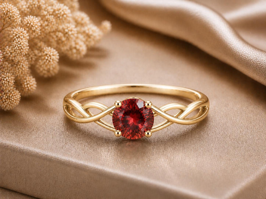 Garnet Infinity Twist Ring, 925 Sterling Silver, Round Red Stone, January Birthstone