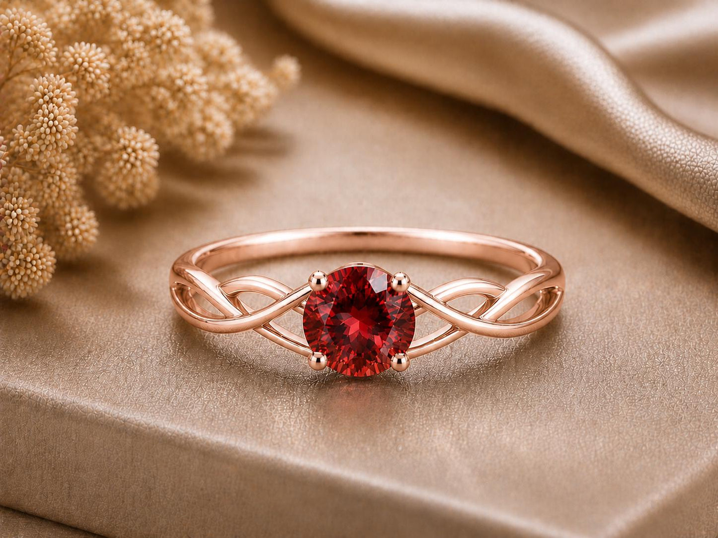 Garnet Infinity Twist Ring, 925 Sterling Silver, Round Red Stone, January Birthstone