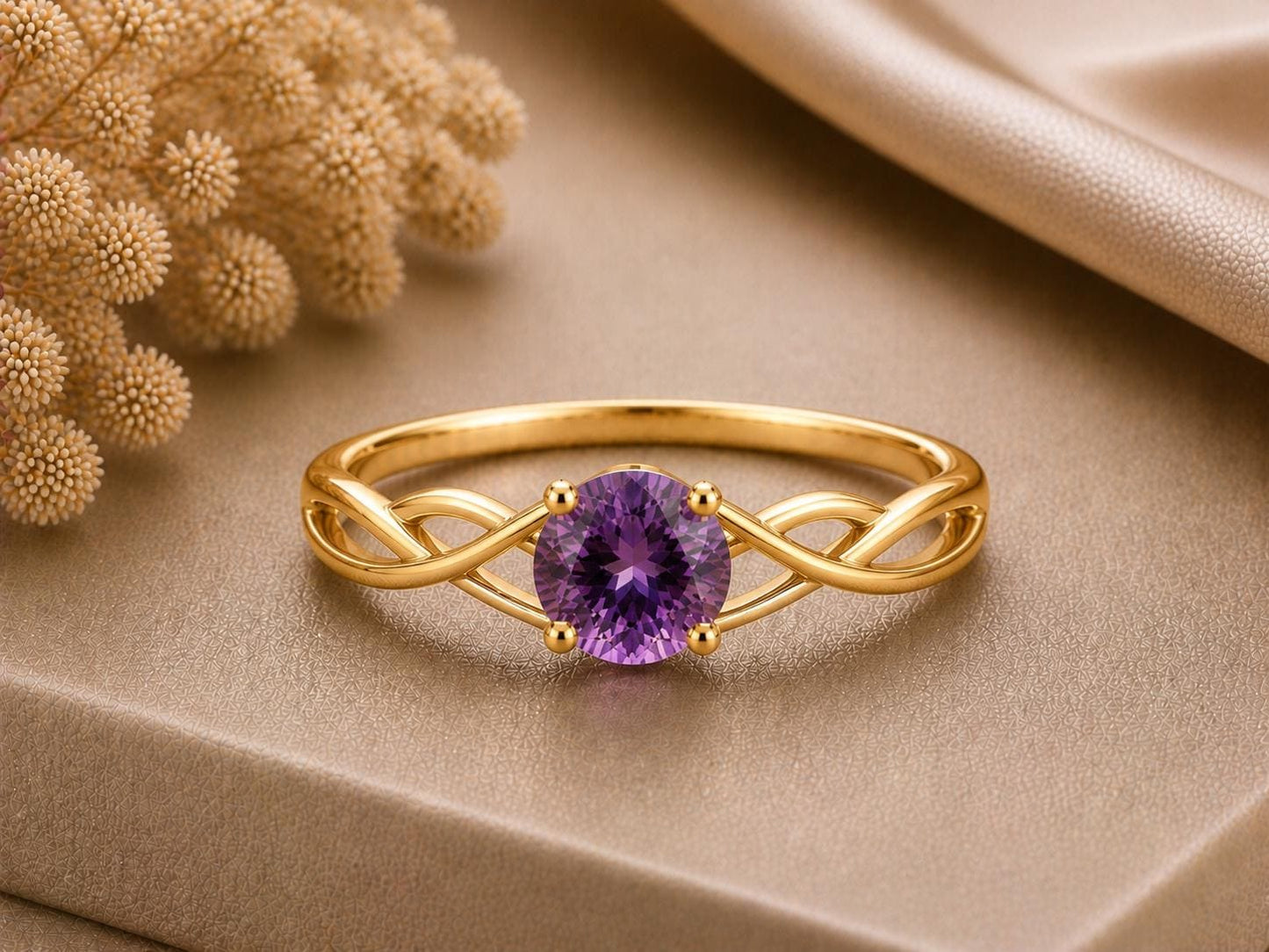 Amethyst Infinity Twist Ring, 925 Sterling Silver, Round Cut Purple Stone, February Birthstone