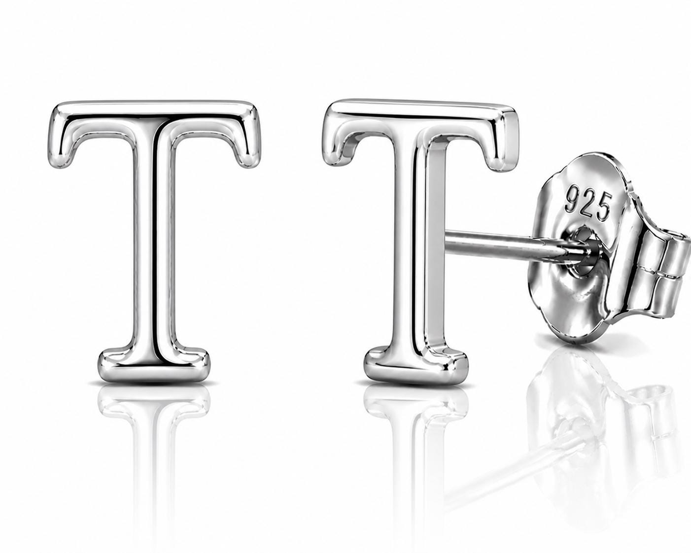 Sterling Silver Letter T Stud Earrings, Minimalist Alphabet Jewelry