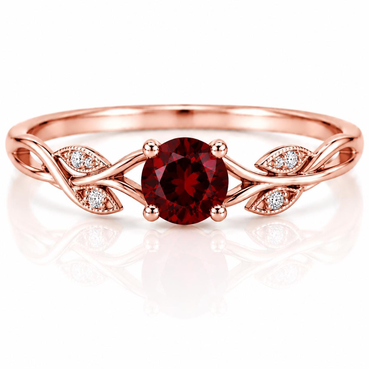 Sterling Silver Garnet Ring, Dainty Vine Leaf, January Birthstone, Minimalist Promise