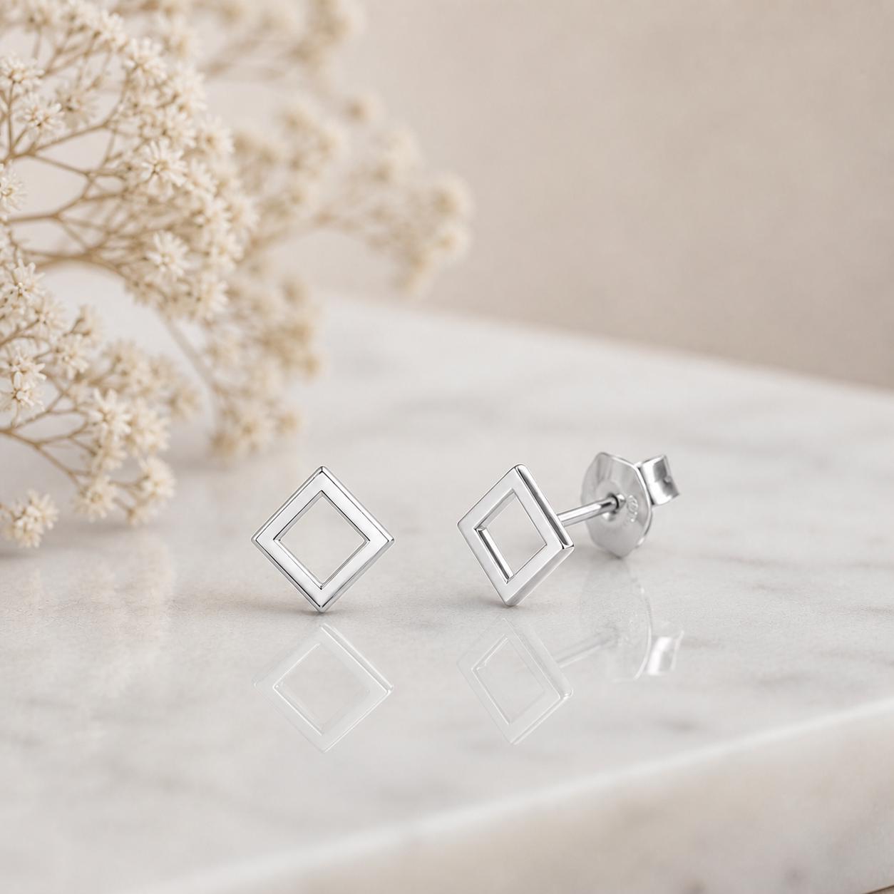 925 Sterling Silver Open Square Stud Earrings, Minimalist Geometric Jewelry