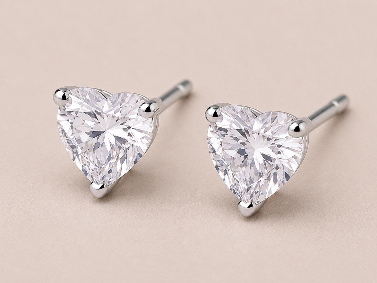Sterling Silver Heart Cut CZ Stud Earrings, Diamond Look Solitaire Studs