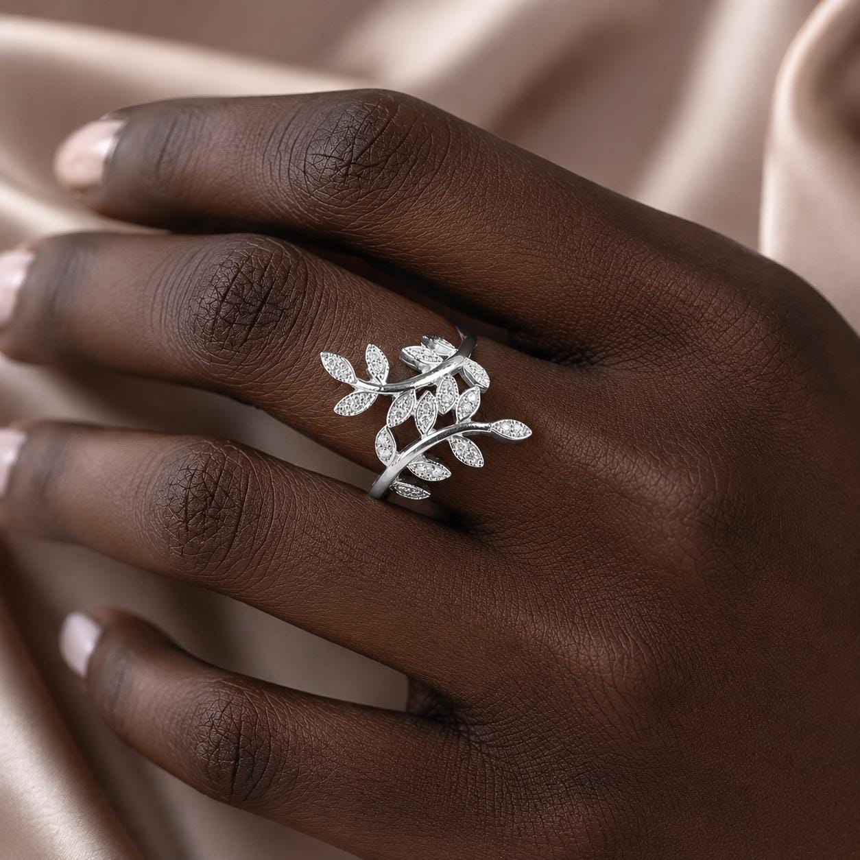 Sterling Silver CZ Leaf Ring, Adjustable Botanical Vine Wrap Jewelry