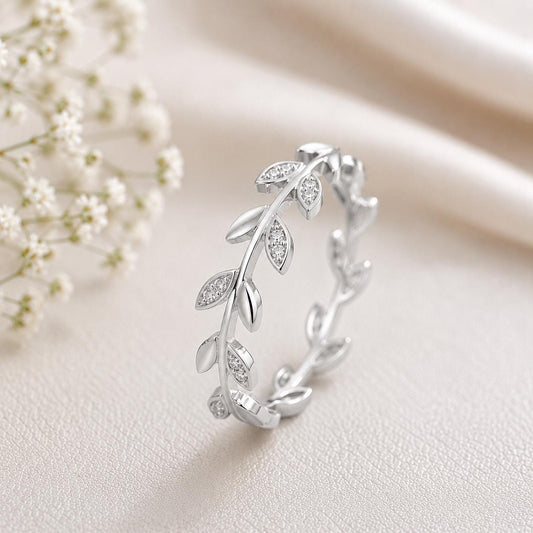 Sterling Silver Leaf CZ Eternity Ring, Botanical Vine Band, Minimalist Stackable Women's Jewelry