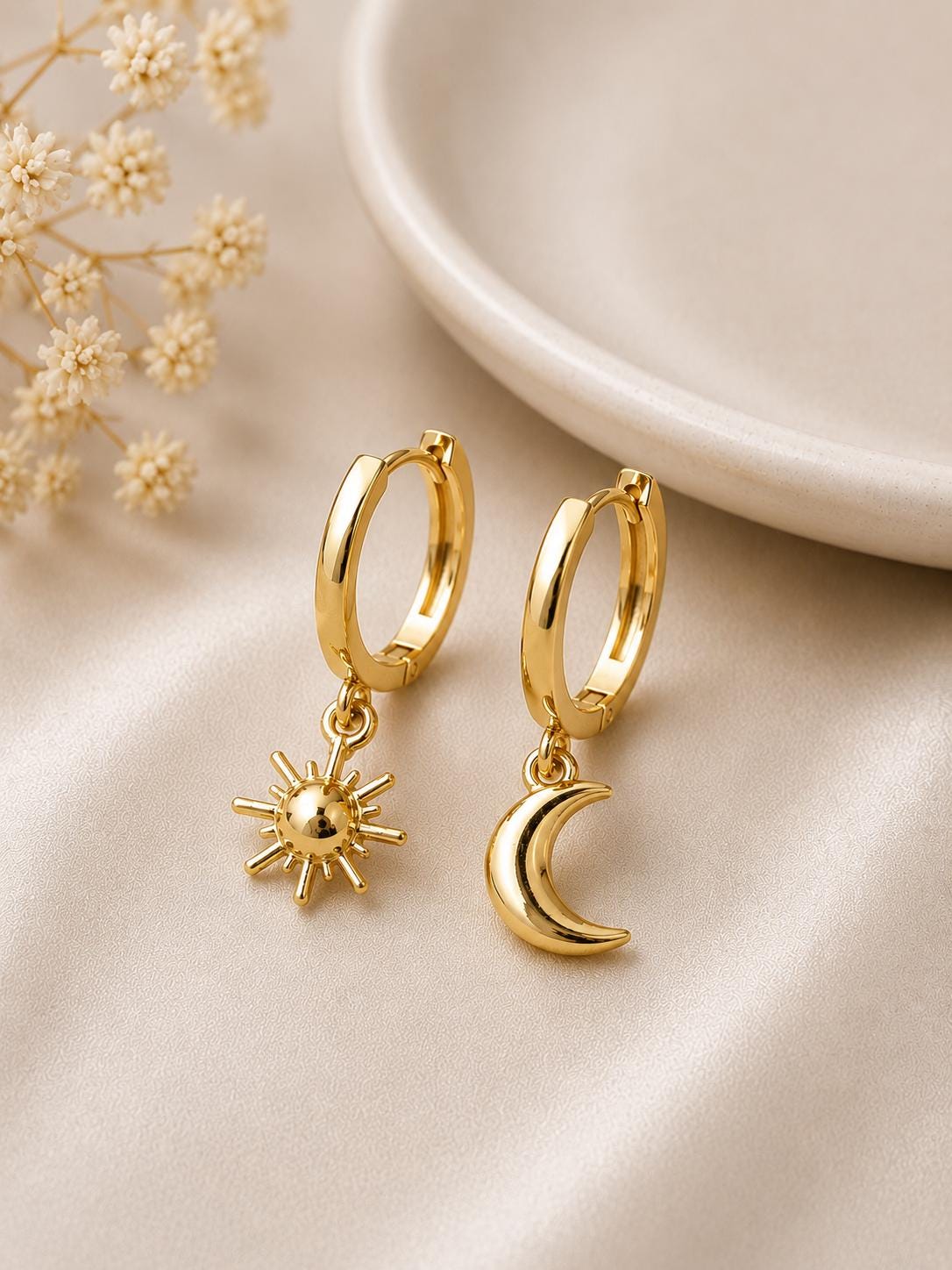 Sterling Silver Sun Moon Mismatched Hoop Earrings, Celestial Charm Dangle Hoops