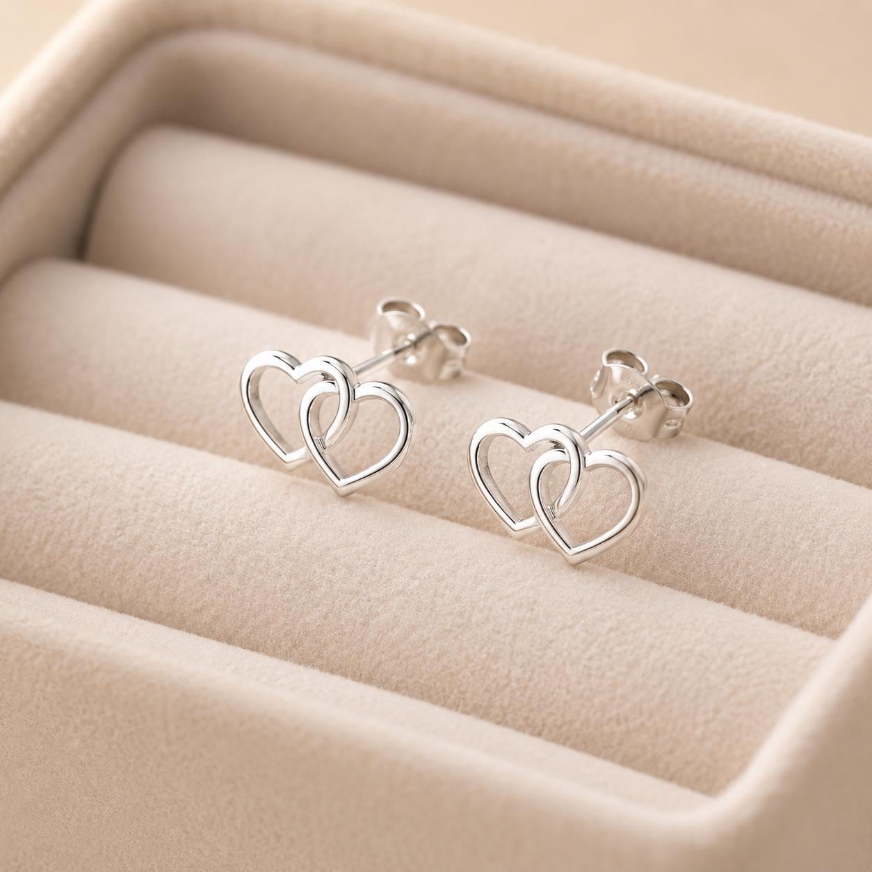 925 Sterling Silver Double Heart Stud Earrings, Minimalist Love Studs, Romantic Gift