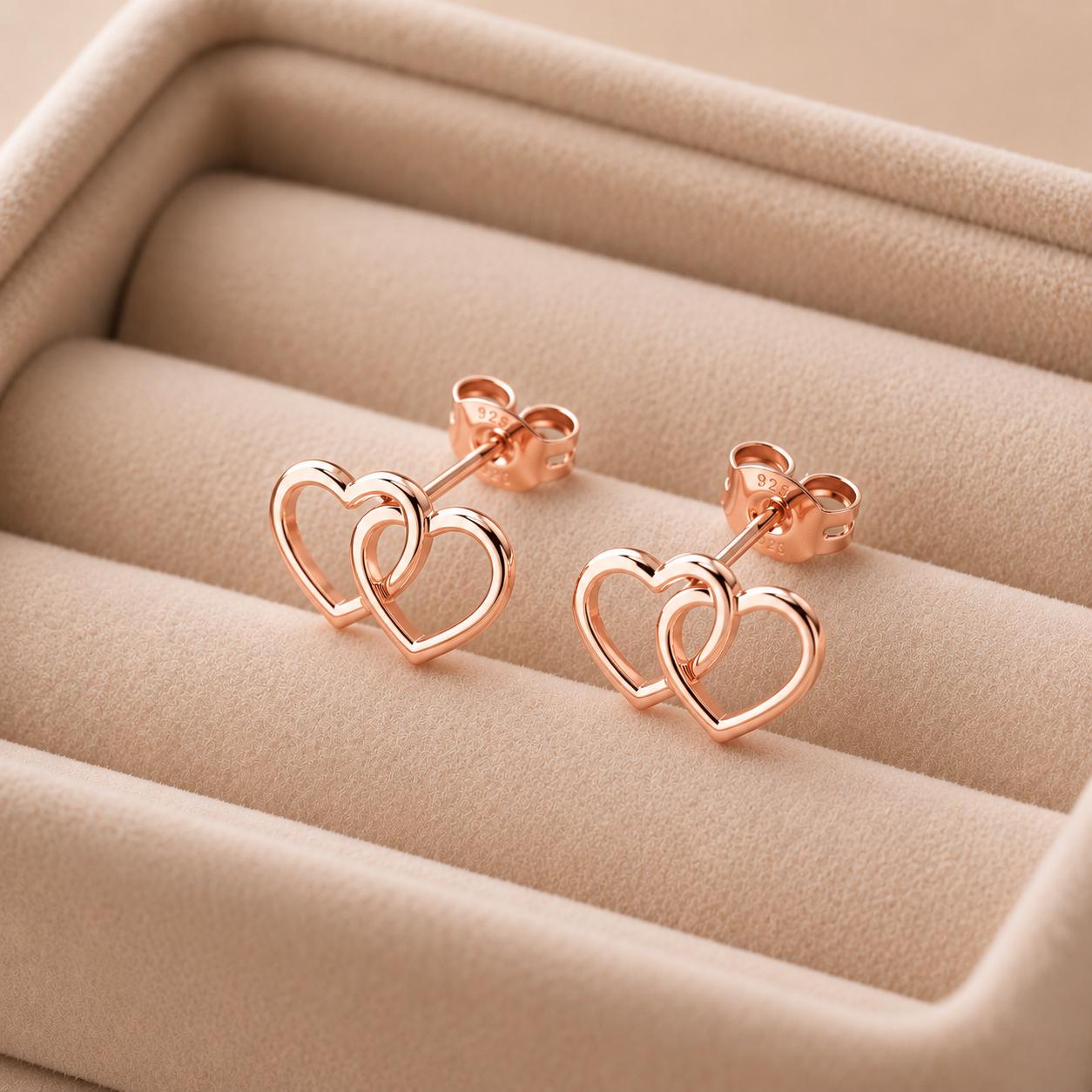 925 Sterling Silver Double Heart Stud Earrings, Minimalist Love Studs, Romantic Gift