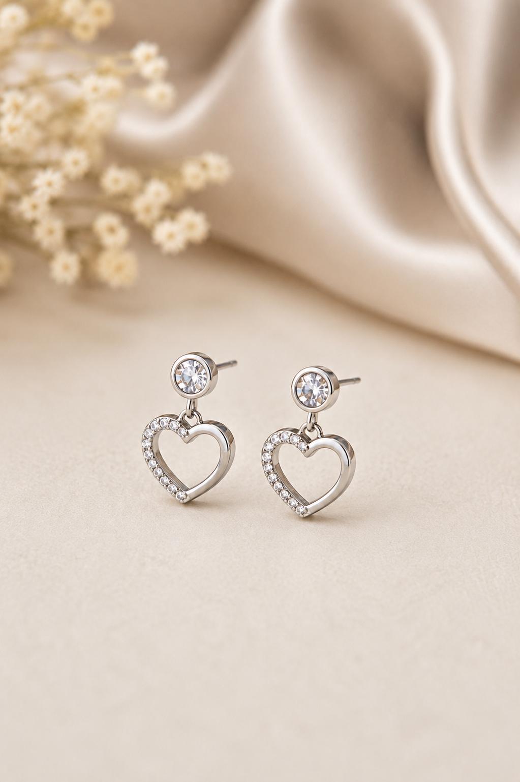 Sterling Silver CZ Heart Drop Earrings, Dainty Dangle Studs, Romantic Minimalist Jewelry