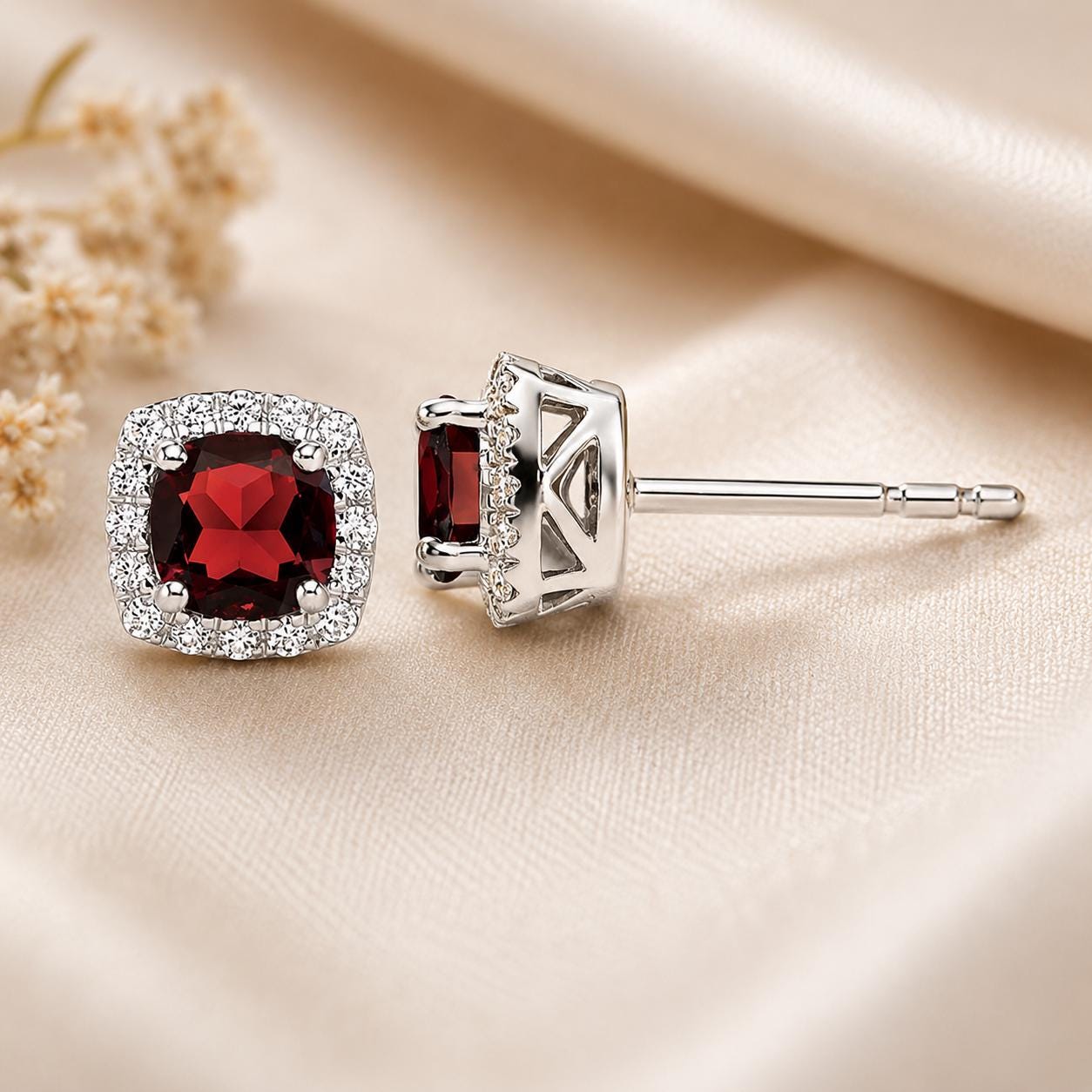 925 Sterling Silver Cushion Cut Red CZ Halo Stud Earrings, Garnet Color Cubic Zirconia