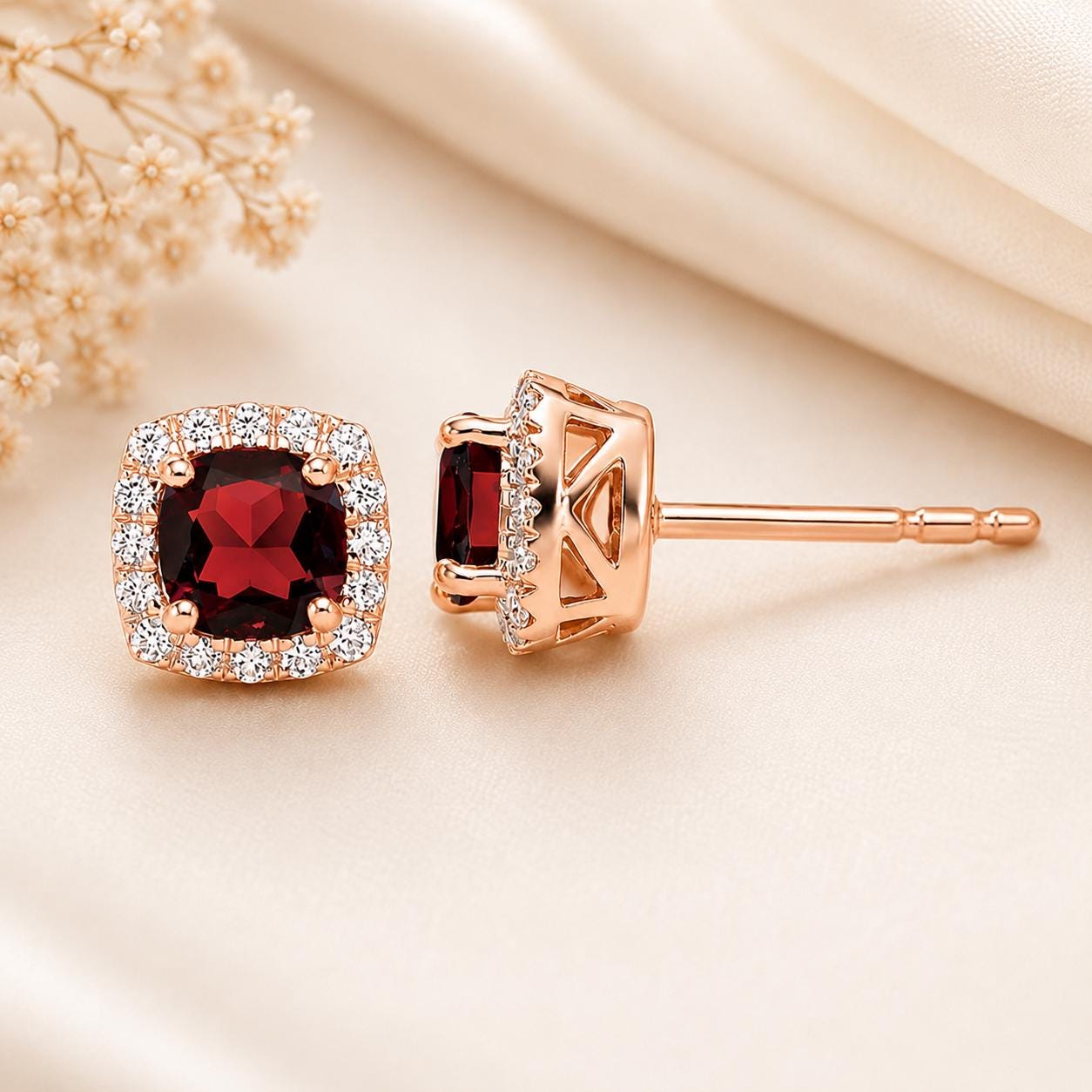 925 Sterling Silver Cushion Cut Red CZ Halo Stud Earrings, Garnet Color Cubic Zirconia