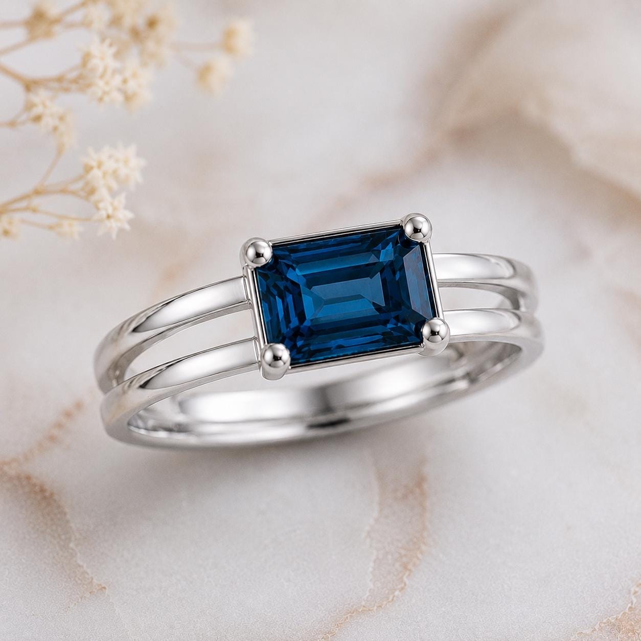 Sterling Silver London Blue Topaz Ring: Emerald Cut Gemstone