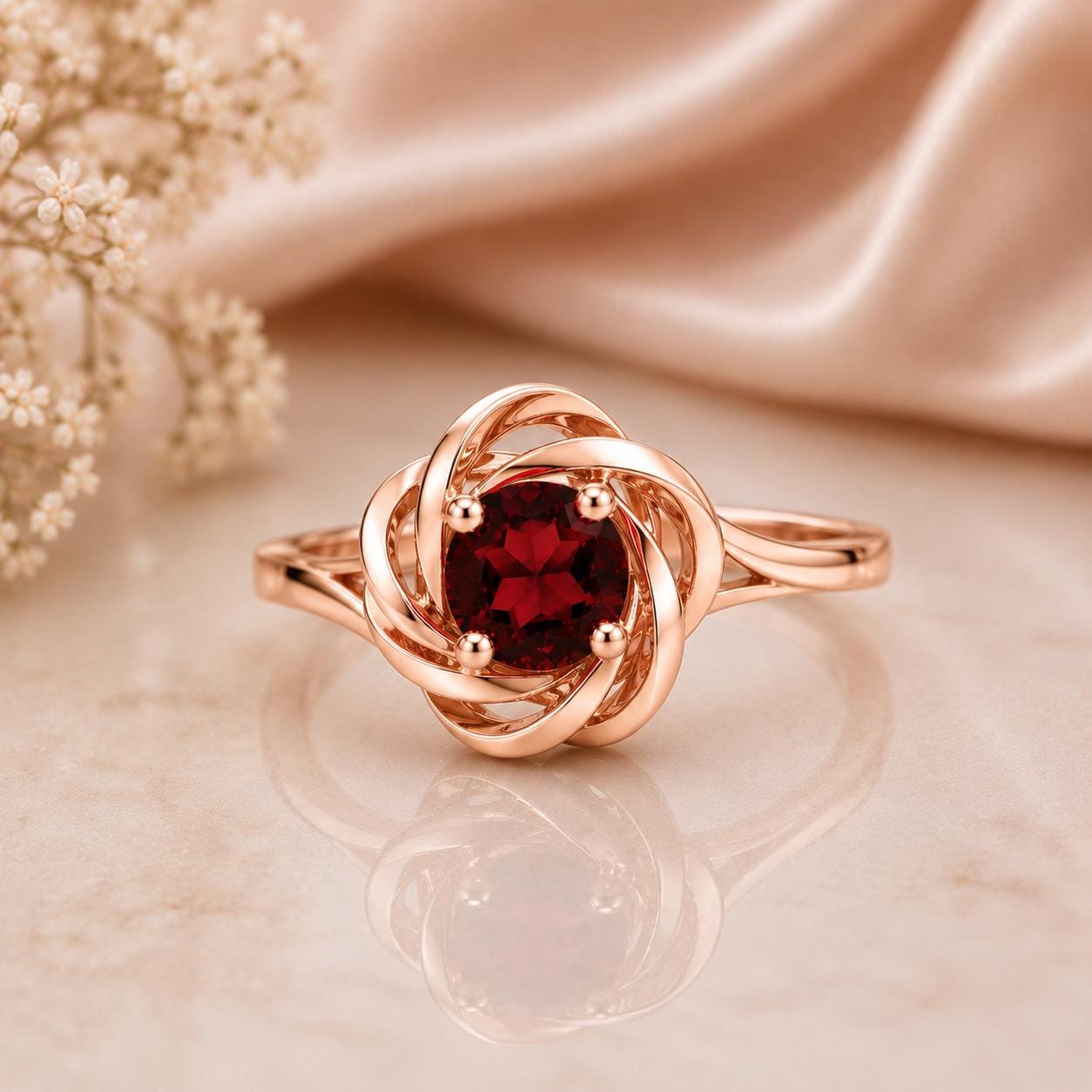 Sterling Silver Garnet Flower, Round Cut Engagement Ring, Floral Swirl Promise Ring