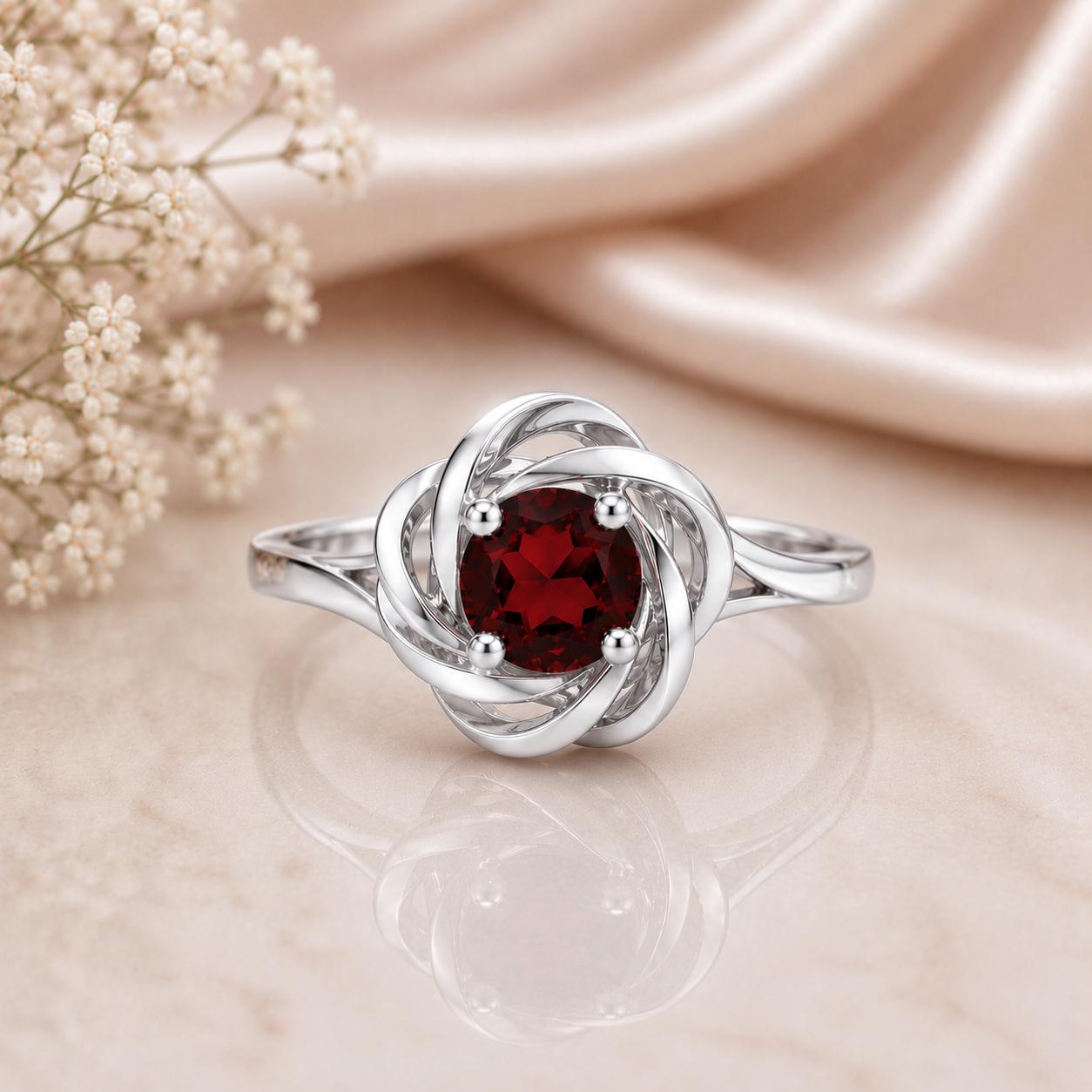 Sterling Silver Garnet Flower, Round Cut Engagement Ring, Floral Swirl Promise Ring