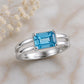 Sterling Silver Emerald Cut Blue Topaz Ring, Minimalist Split Shank Band, December Birthstone