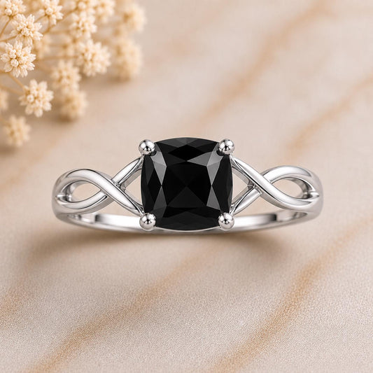 Sterling Silver Cushion Cut Black Onyx Infinity Ring, Minimalist Statement Jewelry