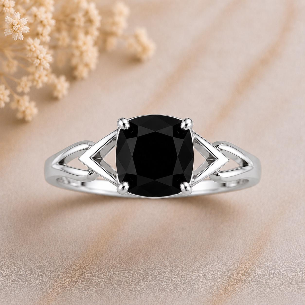 925 Sterling Silver Cushion Cut Black Onyx Geometric Ring, Minimalist Statement Gift