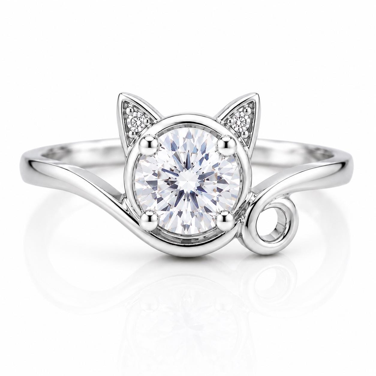 Sterling Silver Cat Ring, Round CZ, Minimalist Cat Ear Promise