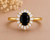 925 Sterling Silver Oval Black Onyx Halo Ring, Art Deco Statement Ring