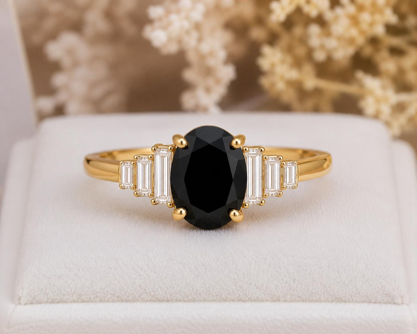 925 Sterling Silver Oval Black Onyx Ring, Art Deco Baguette CZ Statement Ring