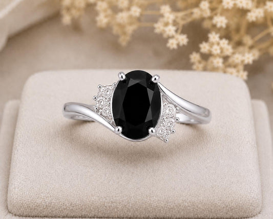 925 Sterling Silver Oval Black Onyx Ring, Vintage Bypass CZ Promise Ring