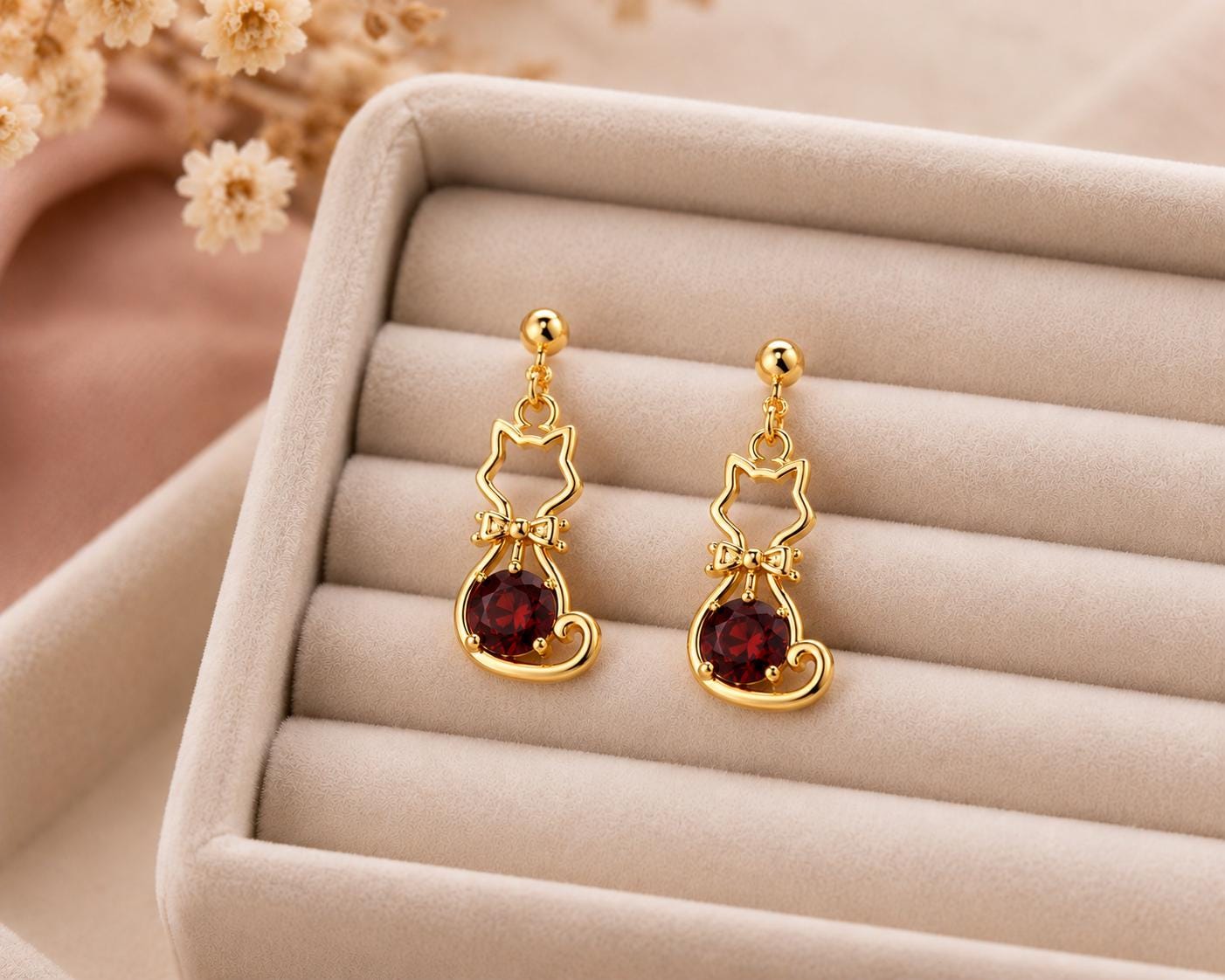 Sterling Silver Garnet Cat Dangle Earrings, Animal Silhouette Jewelry, Pet Lover Gift