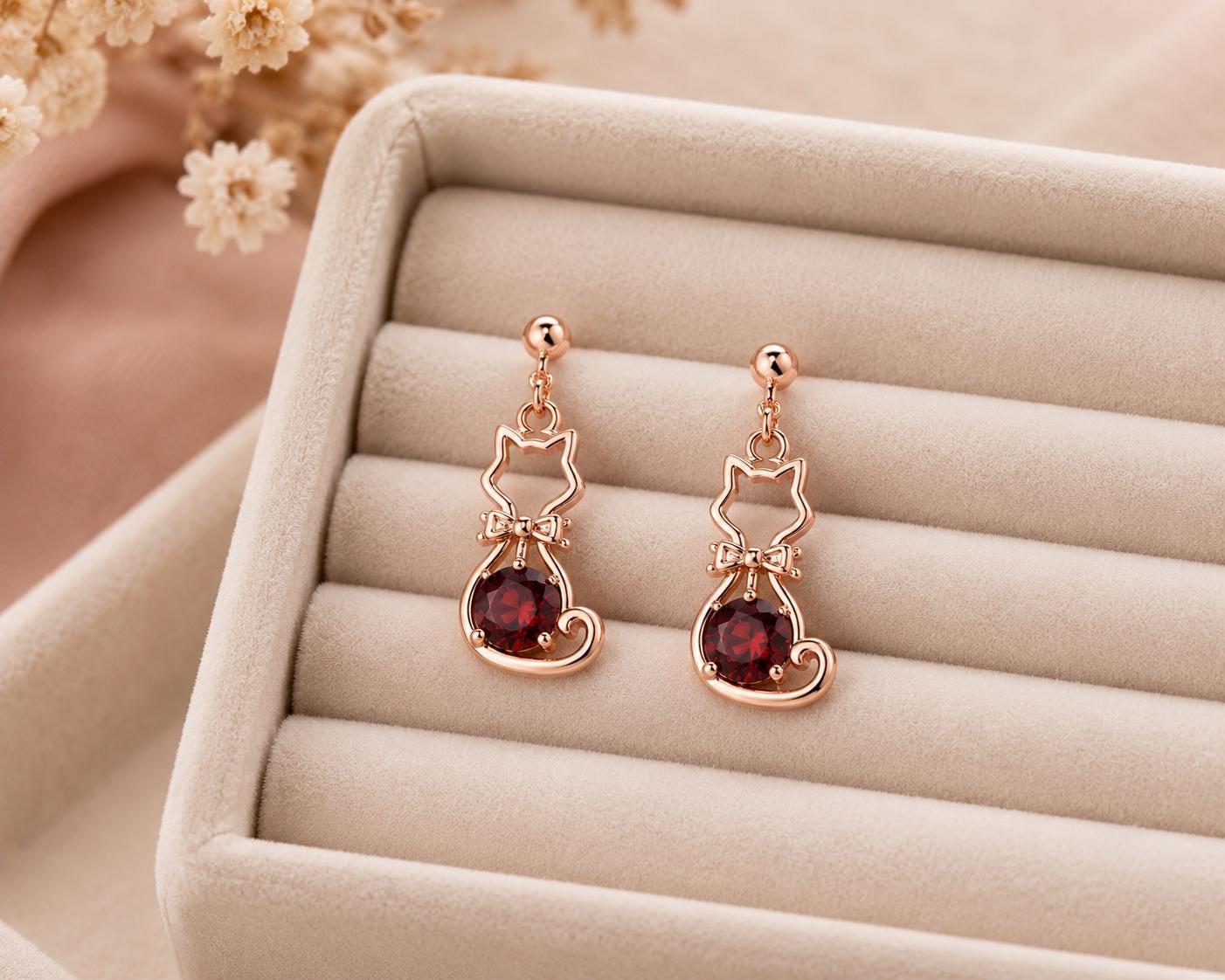 Sterling Silver Garnet Cat Dangle Earrings, Animal Silhouette Jewelry, Pet Lover Gift