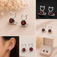 Sterling Silver Garnet Cat Stud Earrings, Minimalist Animal Jewelry, Round Red Gemstone