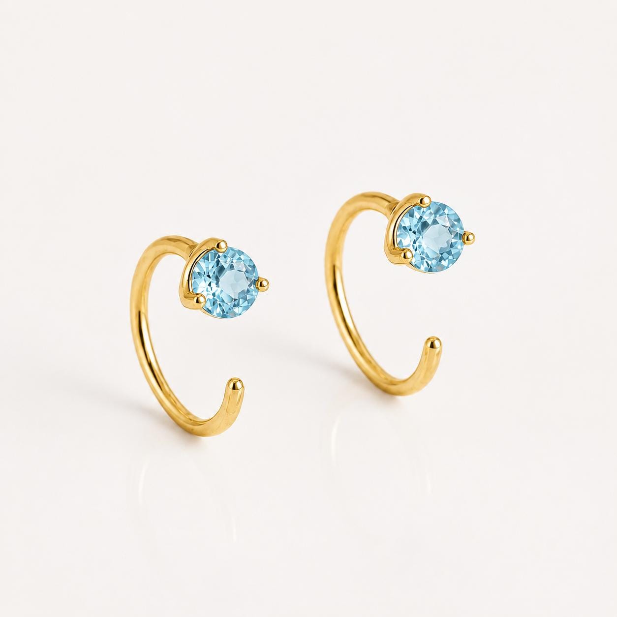 Sterling Silver Swiss Blue Topaz Open Hoop Earrings, Minimalist Round Cut Dainty Jewelry
