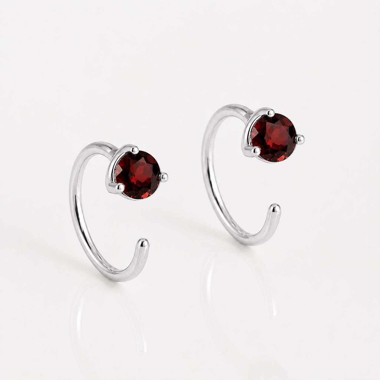 925 Sterling Silver Garnet Hoop Earrings, Minimalist Round Cut Red Gemstone Jewelry