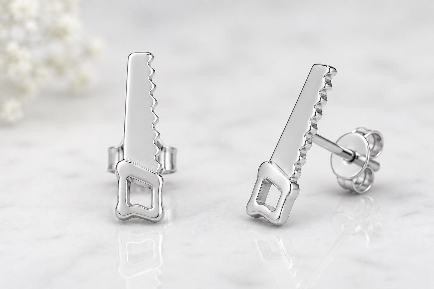 Sterling Silver Saw Stud Earrings, Minimalist Carpenter Jewelry, Industrial Tool Design