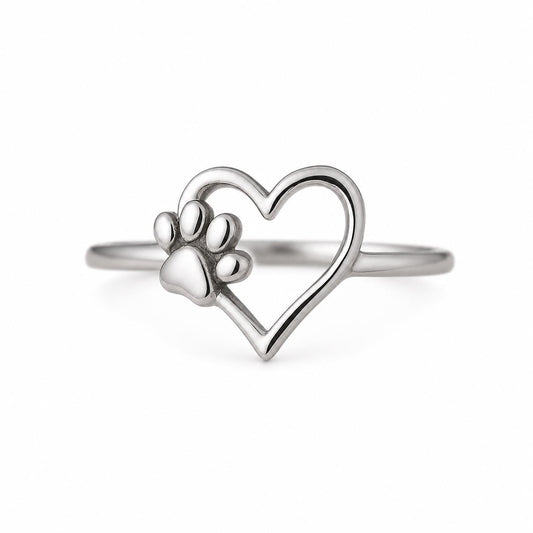 Sterling Silver Paw Heart Ring, Pet Memorial Jewelry, Minimalist Animal Lover Gift
