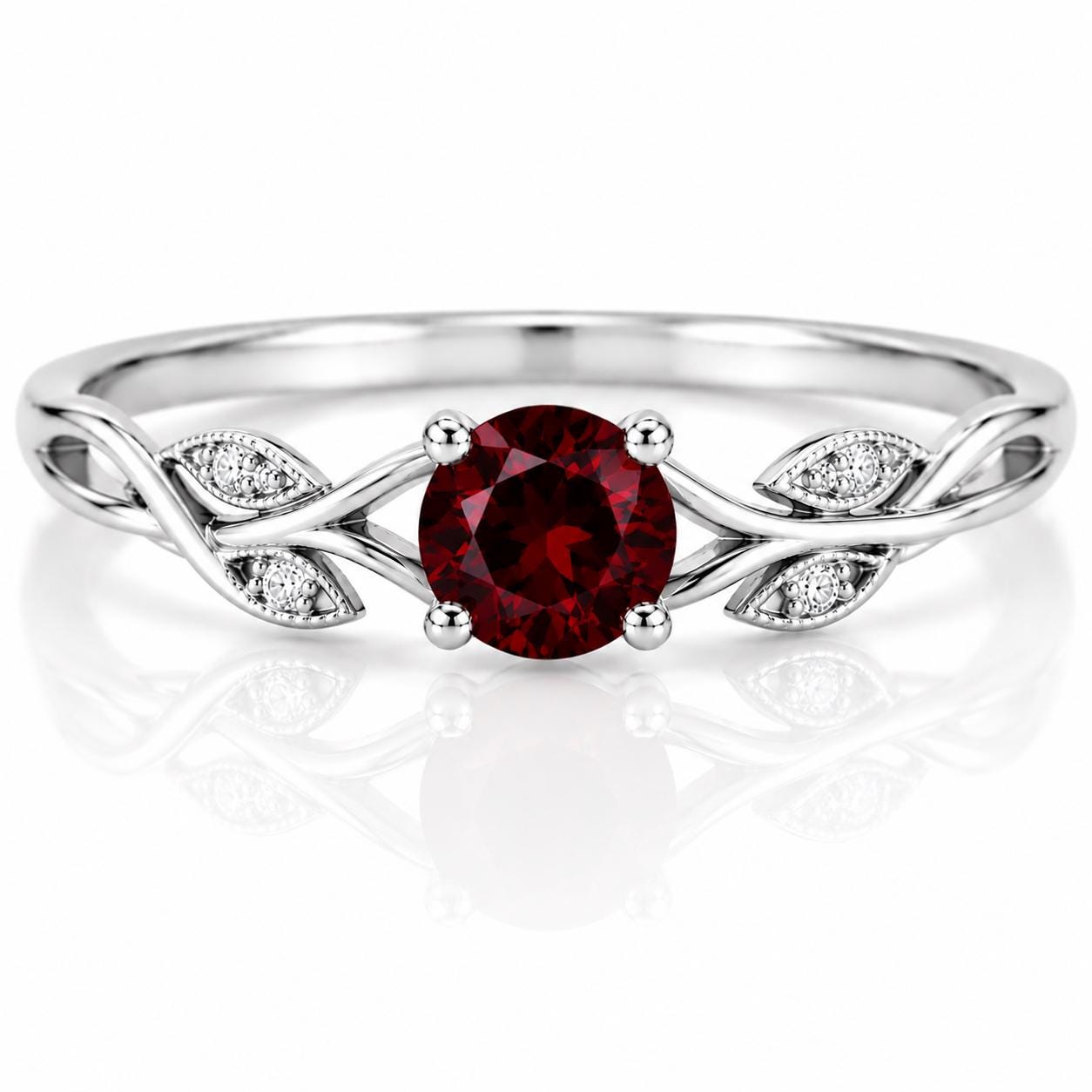 Sterling Silver Garnet Ring, Dainty Vine Leaf, January Birthstone, Minimalist Promise
