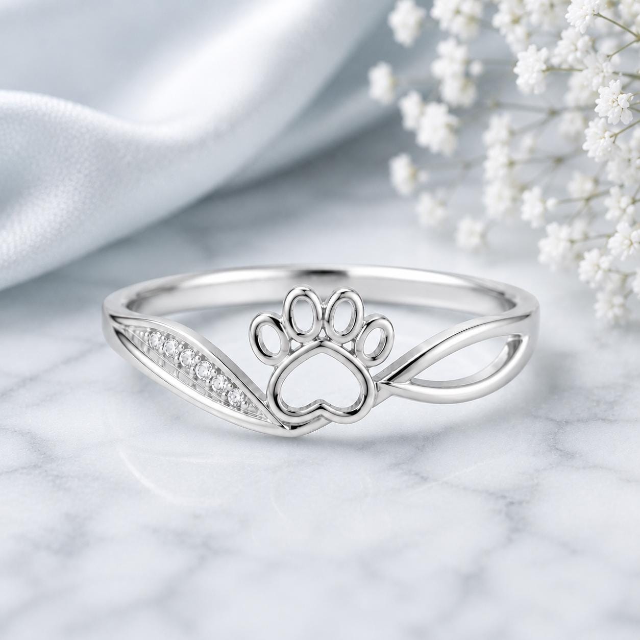 925 Sterling Silver Paw Print Ring with CZ Accents, Pet Memorial Jewelry