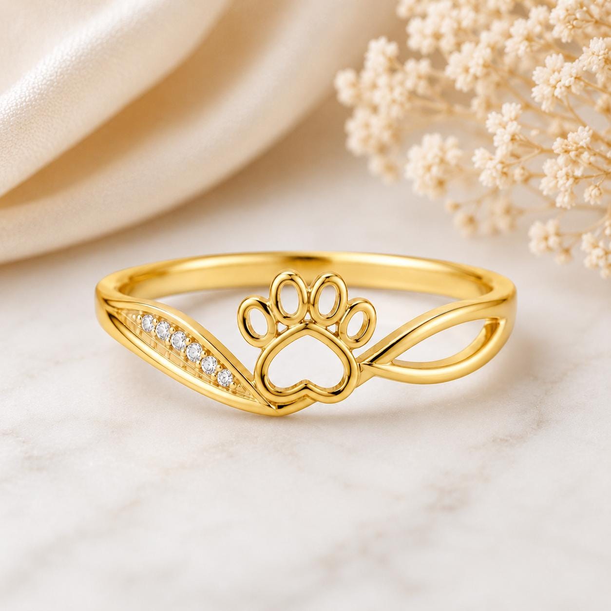925 Sterling Silver Paw Print Ring with CZ Accents, Pet Memorial Jewelry
