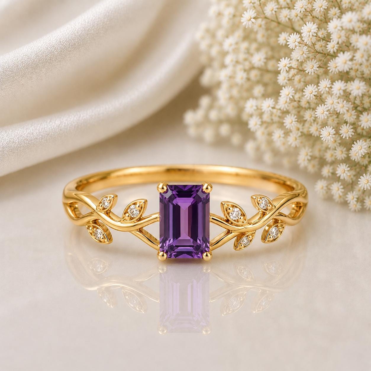 Sterling Silver Amethyst Vine Ring, Emerald Cut Nature Leaf Engagement Band