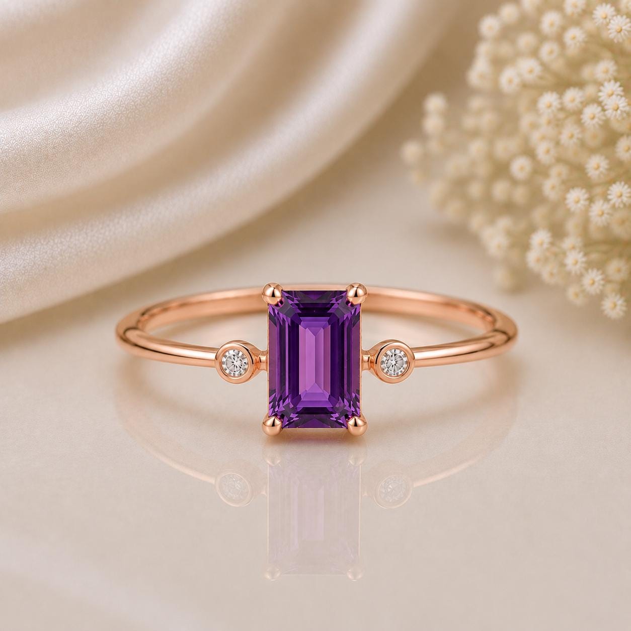 925 Sterling Silver Emerald Cut Amethyst Ring, Minimalist Purple Gemstone Promise