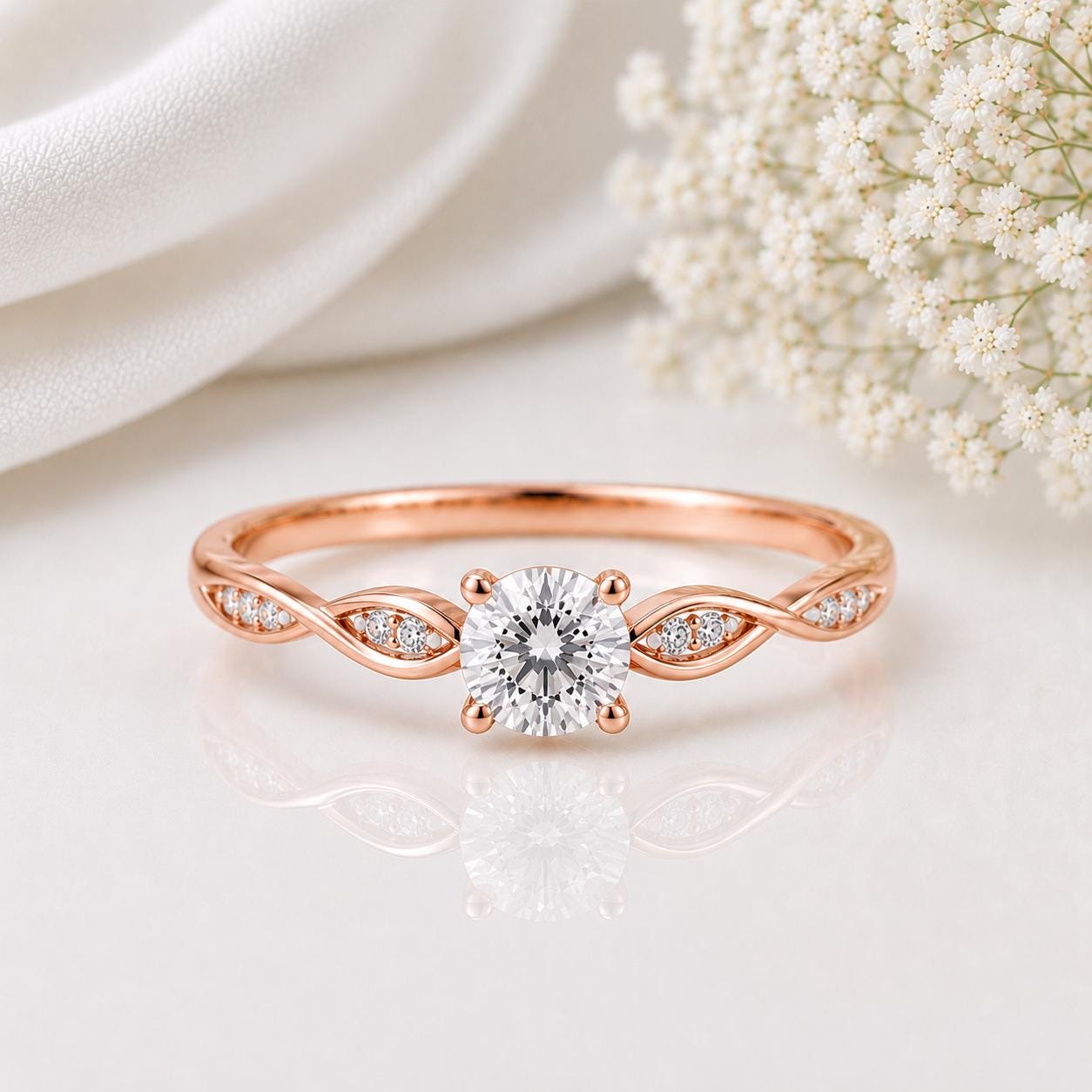 925 Sterling Silver Moissanite Engagement Ring, Round Cut Leaf Vine Nature Inspired Dainty Ring