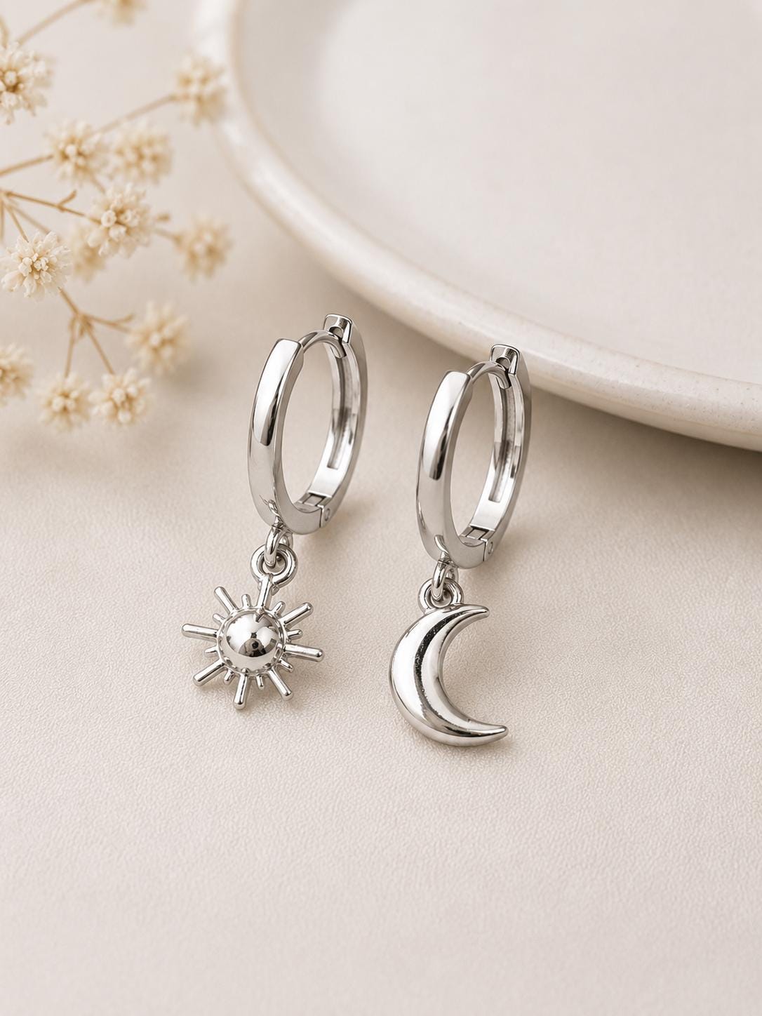 Sterling Silver Sun Moon Mismatched Hoop Earrings, Celestial Charm Dangle Hoops