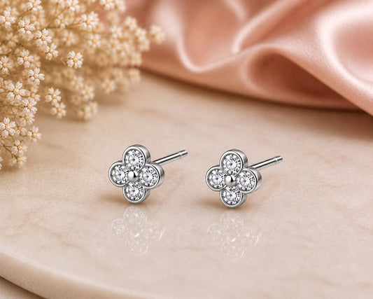 925 Sterling Silver CZ Flower Stud Earrings, Dainty Floral Minimalist Sparkle