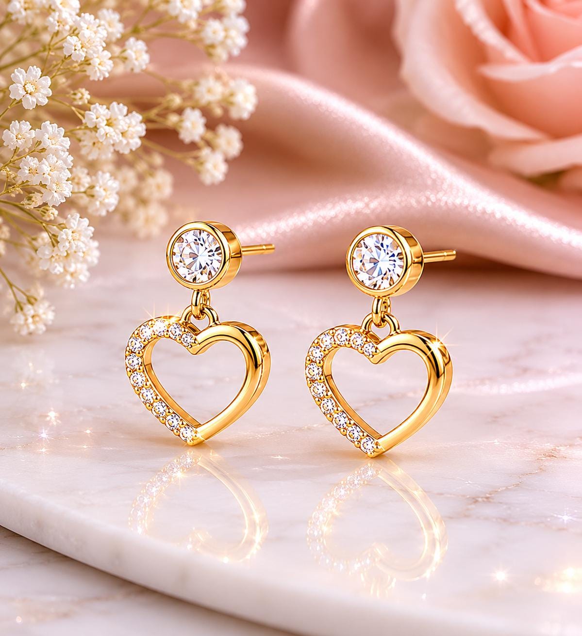 Sterling Silver CZ Heart Drop Earrings, Dainty Dangle Studs, Romantic Minimalist Jewelry