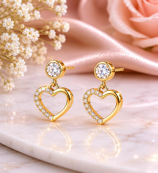 Sterling Silver CZ Heart Drop Earrings, Dainty Dangle Studs, Romantic Minimalist Jewelry