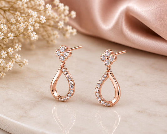 Sterling Silver CZ Teardrop Dangle Earrings, Floral Studs, Dainty Sparkle, Elegant Feminine Jewelry