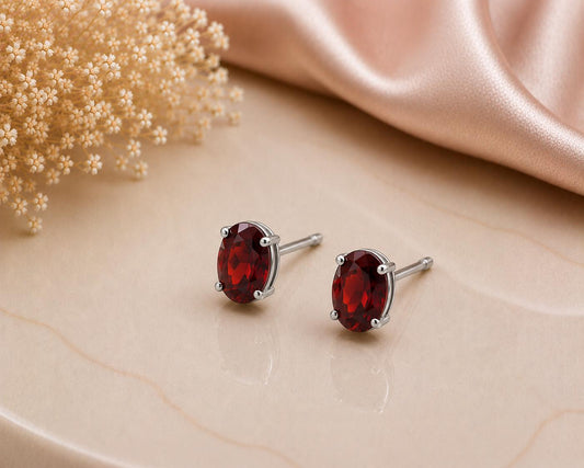 925 Sterling Silver Oval Garnet Stud Earrings, Dainty Red Gemstone Birthstone Gift